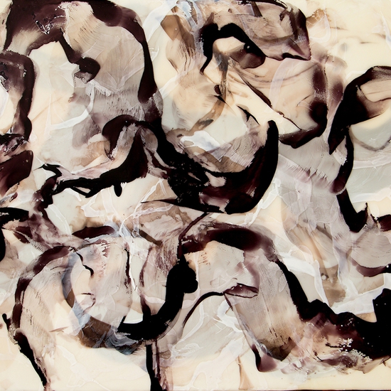 Betsy Eby: Petite Jacquerie II, 2020, Hot wax and ink on canvas wrapped panel, 12 x 16 x 2 inches