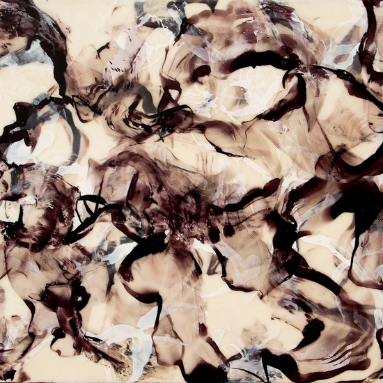Betsy Eby: Petite Jacquerie III, 2020, Hot wax and ink on canvas wrapped panel, 12 x 16 x 2 inches