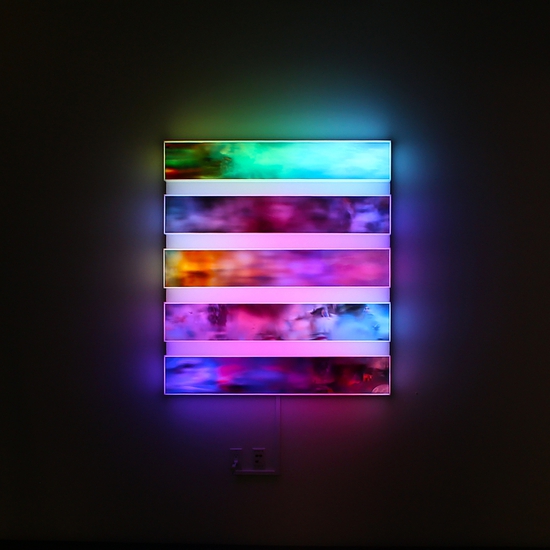 Maja Petric: Skies Epitomized of War and Peace, 2016, Custom machine-learning software, acrylic, optical filters, giclee prints, LED, microcontroller, and wood, 54 x 48 x 7 inches