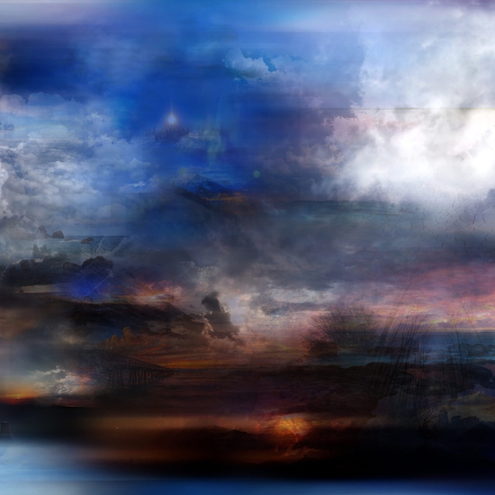 Maja Petric: Lost Skies, Air Pollution Through The Eyes Of A Climate Change Skeptic, 2017, Light box with artificial intelligence generated image on canvas, 48 x 96 x 5 inches