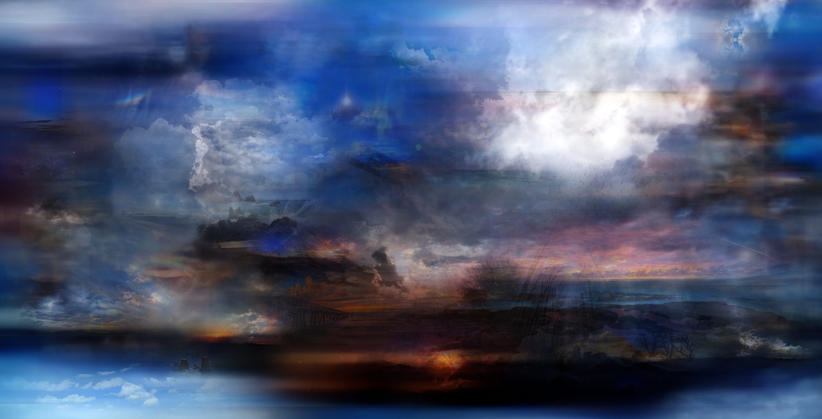 Maja Petric: Lost Skies, Air Pollution Through The Eyes Of A Climate Change Skeptic, 2017, Light box with artificial intelligence generated image on canvas, 48 x 96 x 5 inches