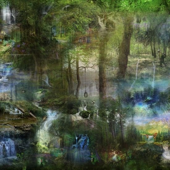 Maja Petric: Lost Skies, Deforestation Through The Eyes Of A Climate Change Skeptic, 2018, Light box with artificial intelligence generated image on canvas, 48 x 96 x 5 inches