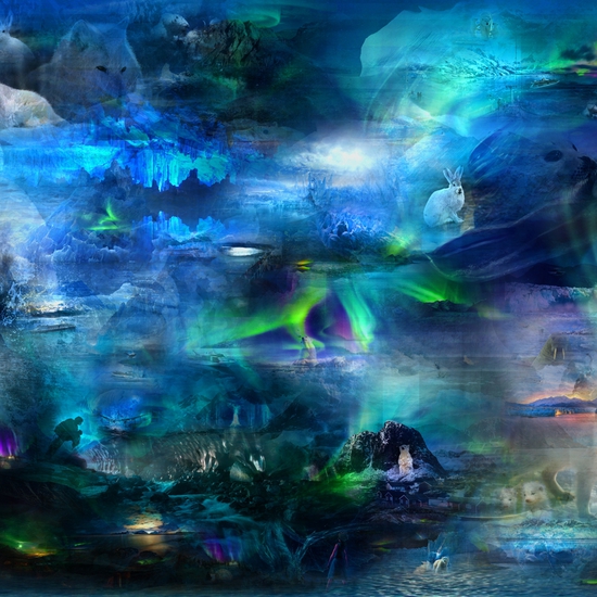 Maja Petric: Lost Skies, Polar Habitat Changing Through The Eyes Of A Climate Change Skeptic, 2018, Light box with artificial intelligence generated image on canvas, 48 x 96 x 5 inches