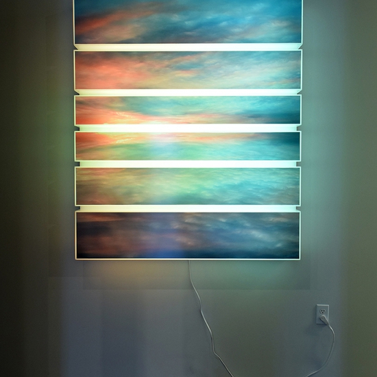 Maja Petric: Skies, Seattle, 2018, Acrylic box with images on backlit print and algorithmic light, 56 x 48.5 x 7.5 inches