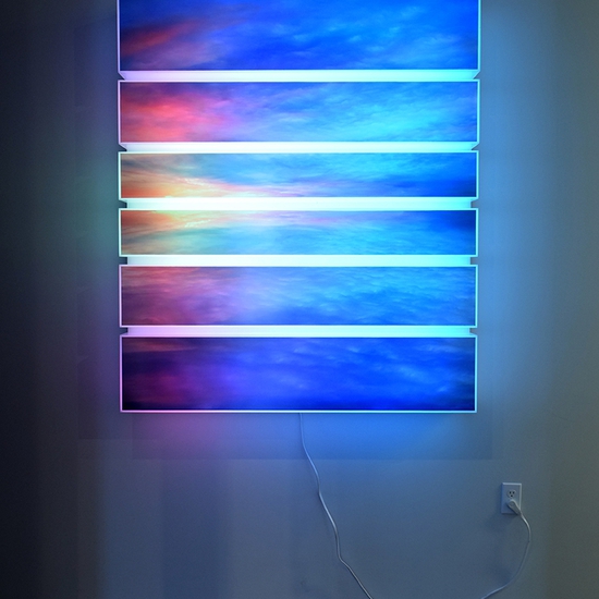 Maja Petric: Skies, Seattle, 2018, Acrylic box with images on backlit print and algorithmic light, 56 x 48.5 x 7.5 inches