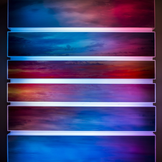 Maja Petric: Skies, Seattle, 2018, Acrylic box with images on backlit print and algorithmic light, 56 x 48.5 x 7.5 inches