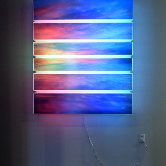 Maja Petric: Skies, Seattle, 2018, Acrylic box with images on backlit print and algorithmic light, 56 x 48.5 x 7.5 inches