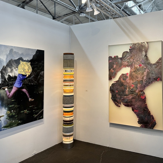 Installation of work by Ethan Murrow, Matt Gagnon, and Peter Gronquist at the San Francisco Art Fair 2025