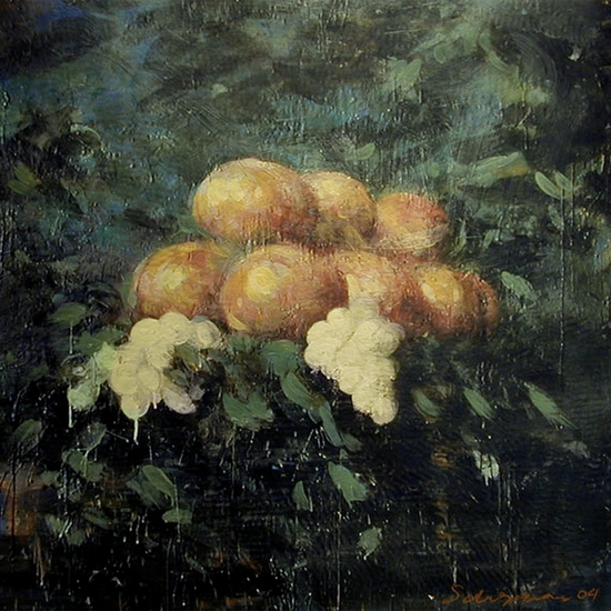 Tony Scherman, Peaches, 2004, Encaustic monotype, 32 x 31.75 inches