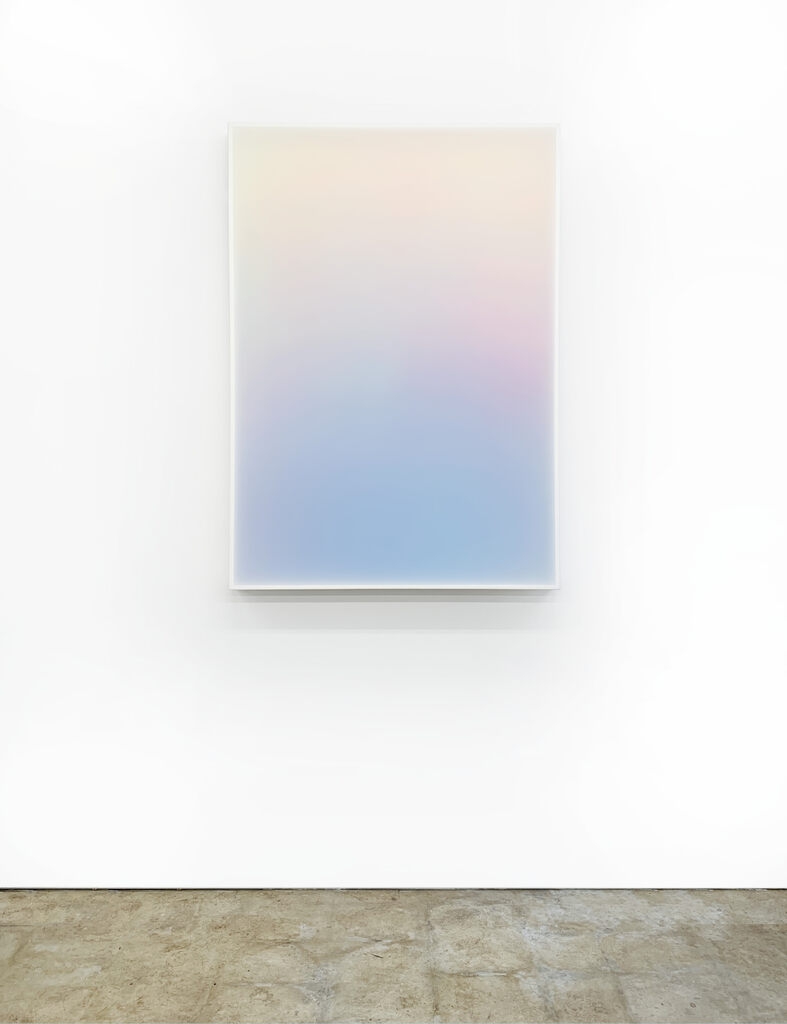 Timothy Schmitz: SUFFUSE # MM.272, 2022, Voile, inkjet emulsion transfers and polymers, 42 x 32 x 2.5 inches