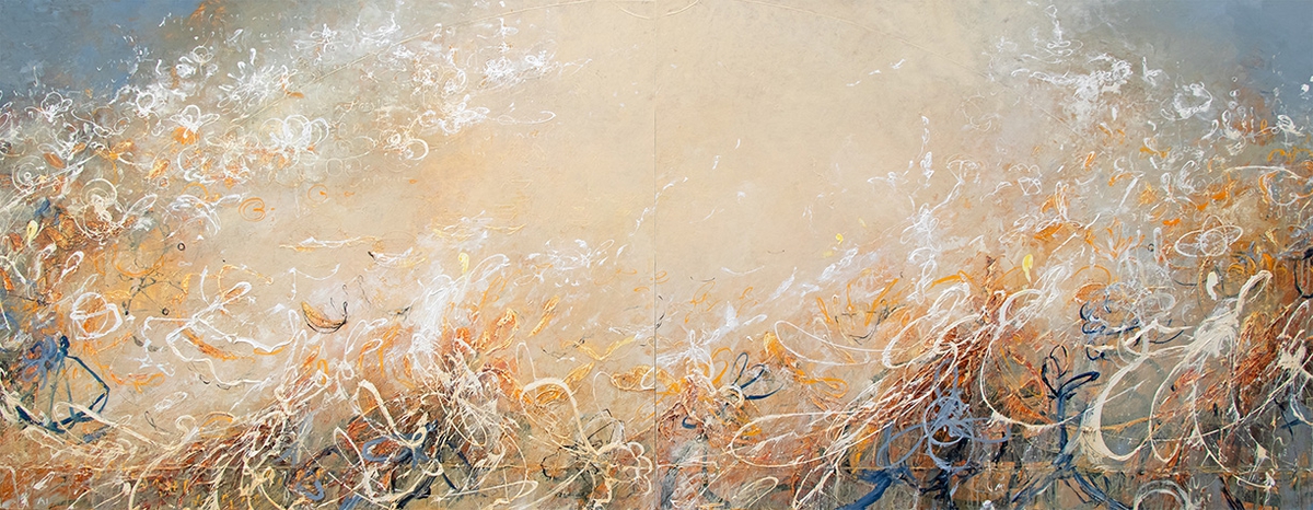 Michael Schultheis: Phi in the Eternal Now, 2024, Acrylic on canvas, 36 x 96 x 2.5 inches (diptych)