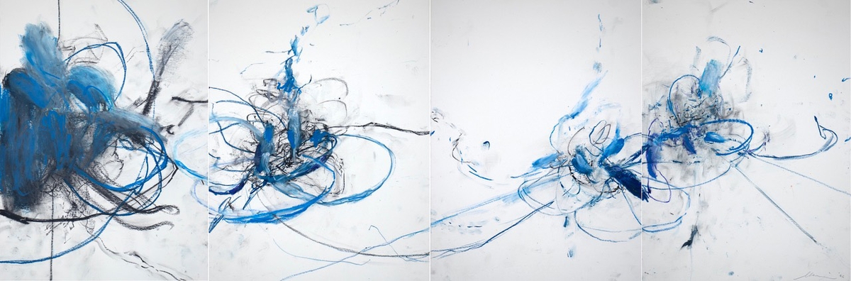 Michael Schultheis, The Sound of Coherence, 2026, Pastel on paper, 15 x 44 inches, Quadriptych