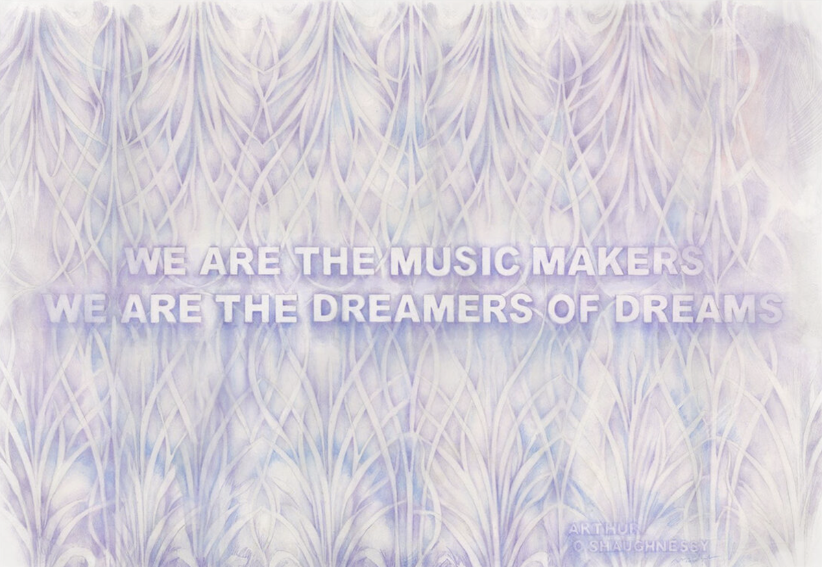 Amanda Manitach: Dreamers (WE ARE THE MUSIC MAKERS, WE ARE THE DREAMERS OF DREAMS — ARTHUR O’SHAUGHNESSY), 2022, Colored pencil on paper, 26 x 40 inches
