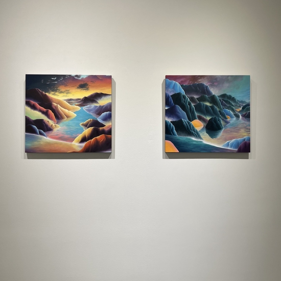 Installation of 'Robenia,' 2024, Oil on linen, 23.25 x 25.25 x 1 inches & 'Napier,' 2024, Oil on linen, 23.25 x 25.25 x 1 inches