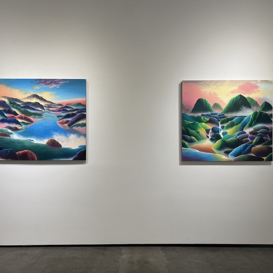 Installation of 'Far Photo,' 2024, Oil on linen, 38 x 42 x 1.25 inches & 'Rounds,' 2024, Oil on linen, 38 x 42 x 1.25 inches