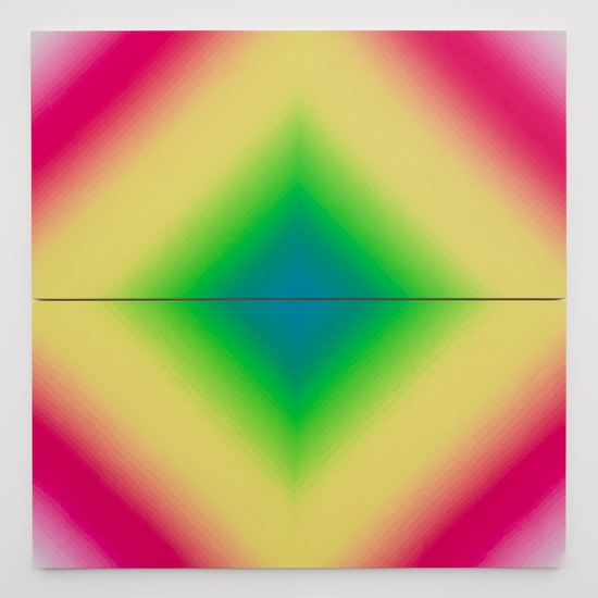 Audrey Stone: Way Down, 2024, Acrylic on canvas, 50 x 50 x 1 inches (Diptych, each panel 25 x 50 x 1 inches)