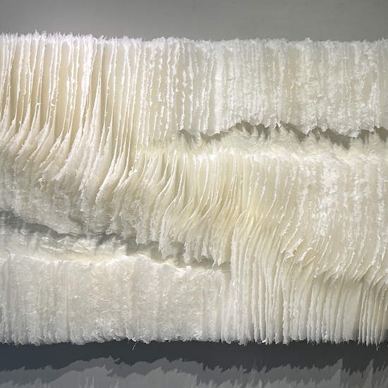 Kandis Susol: Bridging The Chasm, 2023, Artist made paper encaustic sculpture, 32 x 62 x 5 inches