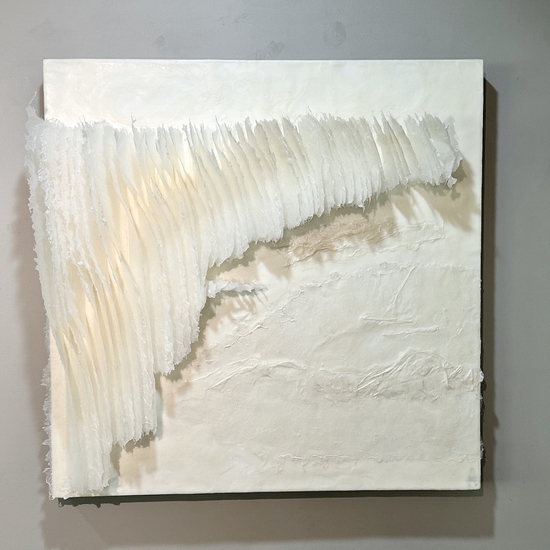 Kandis Susol: Clouds Waft Along Water Brims Boundless, 2023, Artist made paper encaustic sculpture, 30 x 30 x 5 inches
