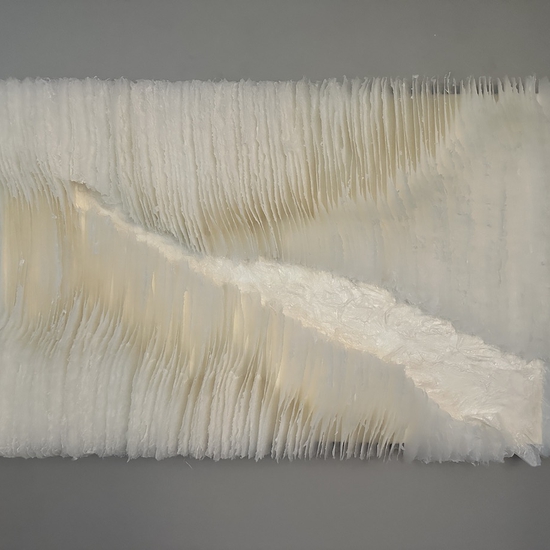 Kandis Susol: Cutting Through Delusion, 2024, Artist made paper encaustic sculpture, 38 x 62 x 5 inches