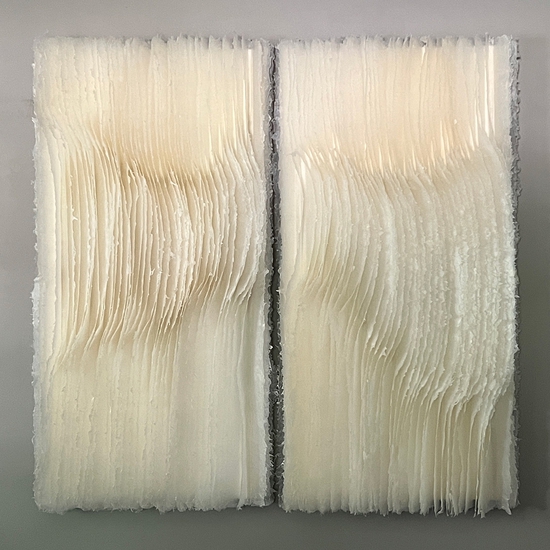 Kandis Susol: First I Followed Fragrant Flowers, Now I Return Chasing Falling Leaves, 2023, Artist made paper encaustic sculpture, 50 x 56 x 5 inches (diptych)