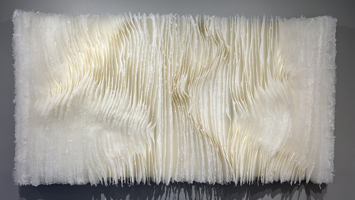 Kandis Susol, Morning Mist, 2023, Encaustic sculpture, 32 x 62 x 5 inches