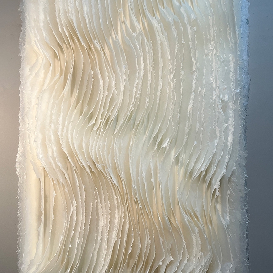 Kandis Susol: Though The Wind May Blow, The Moon in the Sky Does Not Move, 2023, Artist made paper encaustic sculpture, 38 x 26 x 5 inches