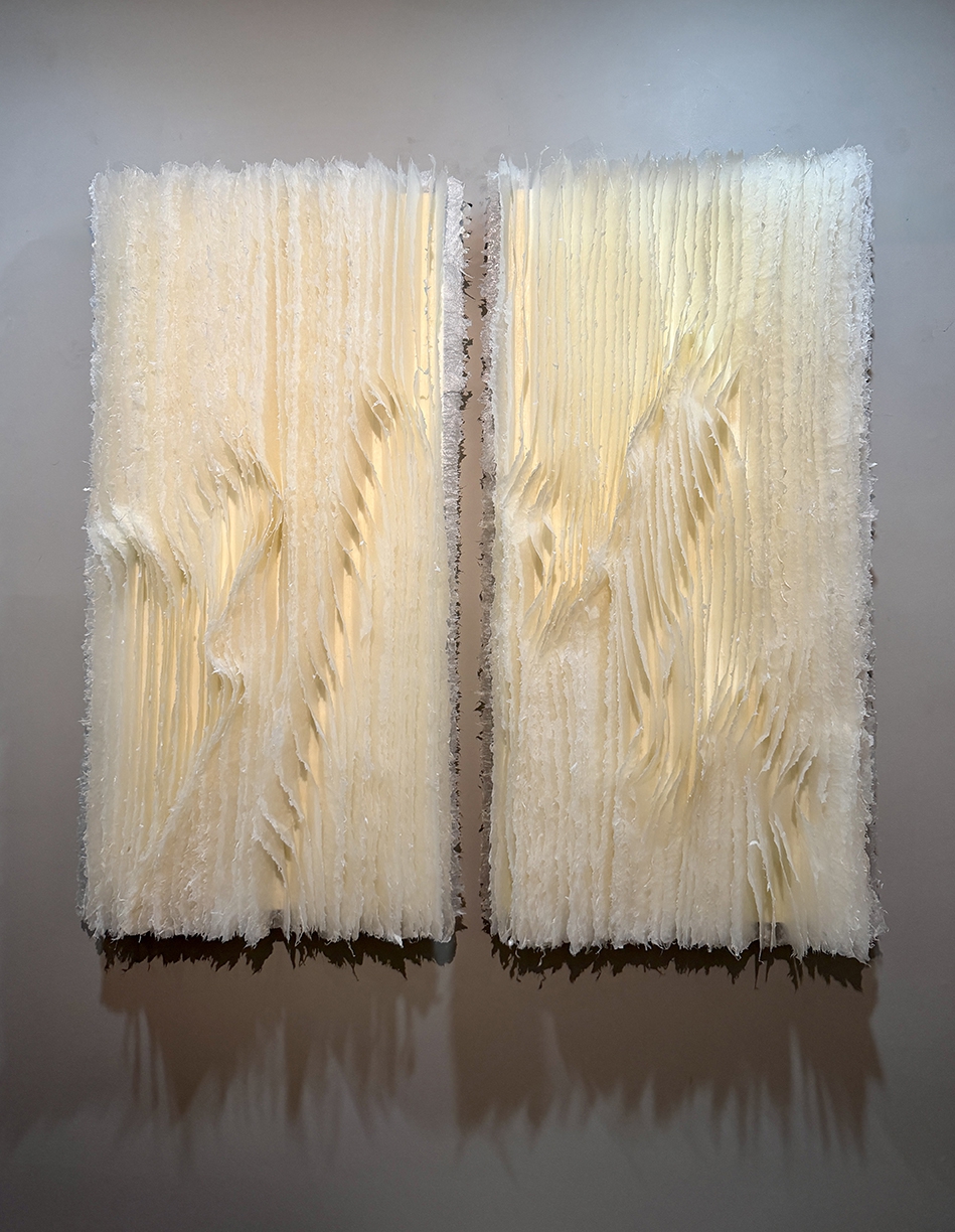 Kandis Susol, Two Volumes, 2025, Encaustic sculpture, 48 x 48 x 5 inches