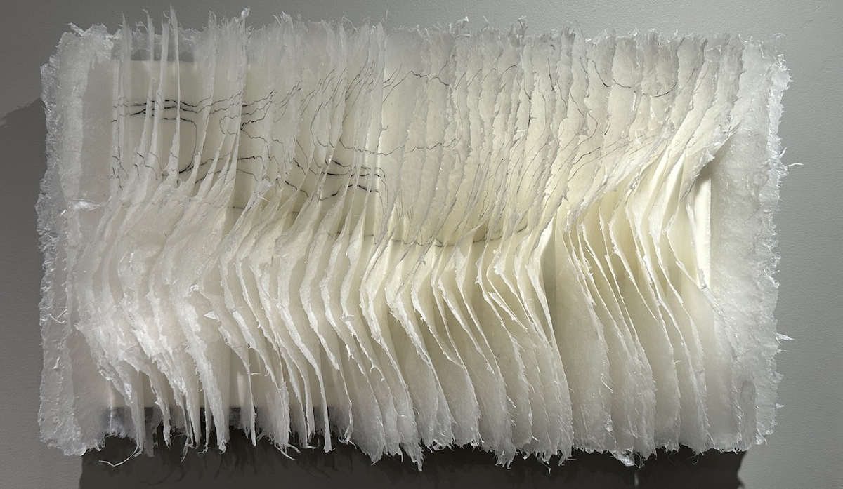 Kandis Susol: Valley Sounds Mountain Clouds, 2024, Encaustic Sculpture, 14 x 26 x 5 inches