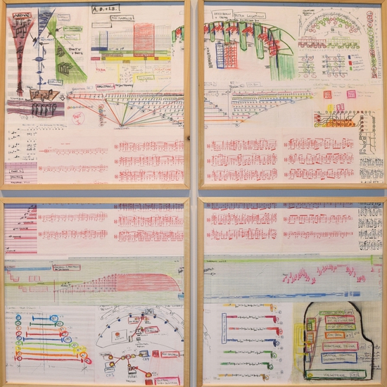 SOLD - Above, below, and in-between: Part 2, 2013-15, Musical score collage on wood panel, 51 x 51 inches
