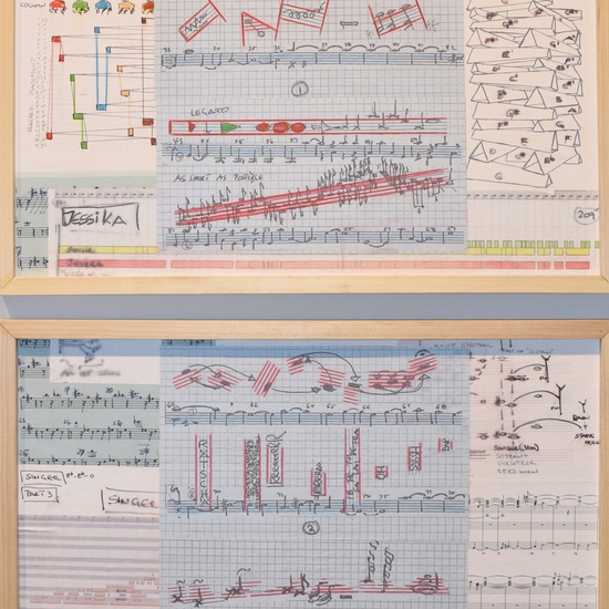 SOLD - Above, below, and in-between: Part III For Jessika, 2013-15, Musical score collage on wood panel, 51 x 25 inches