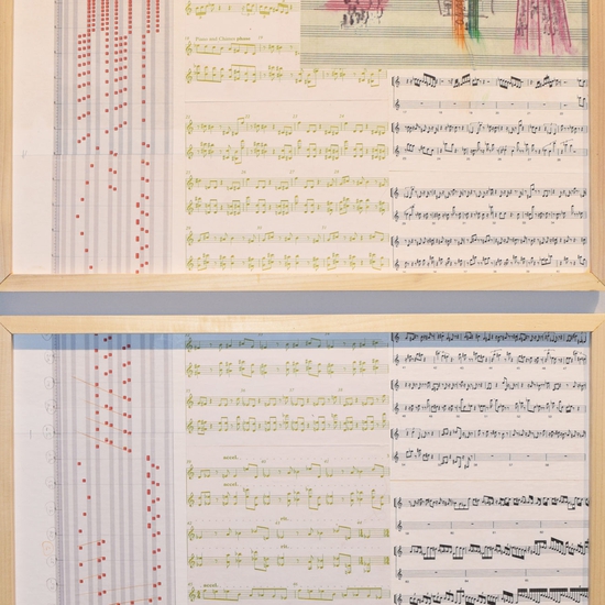 Above, below, and in-between: Part IIII, 2013-15, Musical score collage on wood panel, 51 x 25 inches