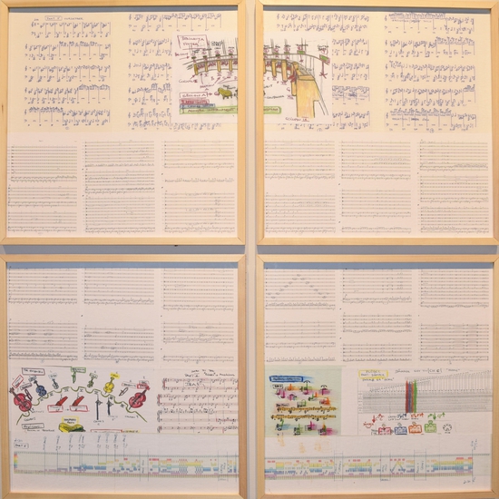 Above, below, and in-between: Part V, 2013-15, Musical score collage on wood panel, 51 x 51 inches