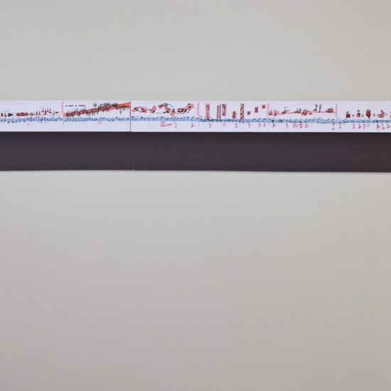Jessika's Score Follower, 2015, wood, paper, electronics, and MP3 player, 18 x 102 x 9 inches