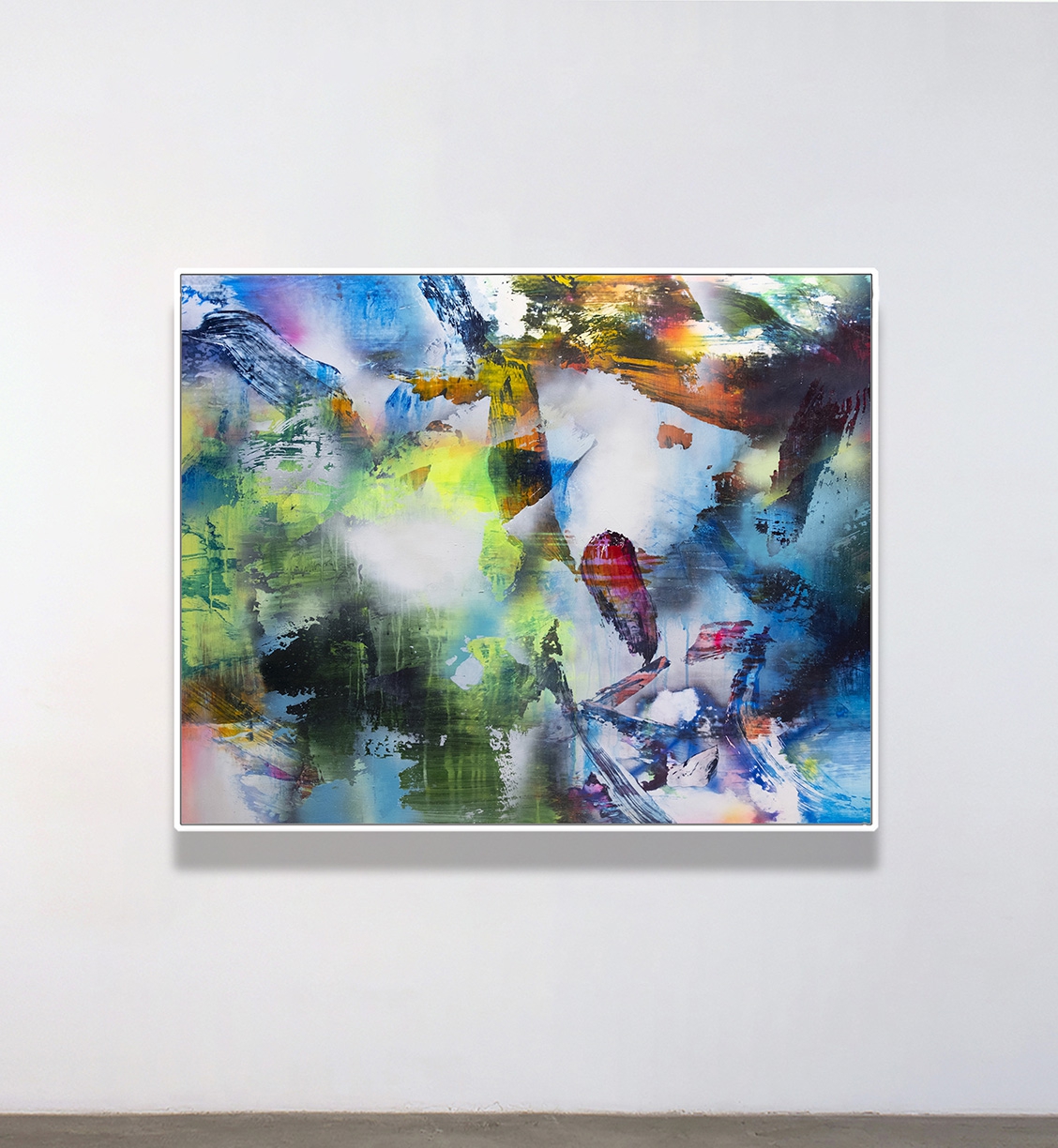 Chris Trueman: BRDSC, 2022, Acrylic and acrylic spray paint on yupo mounted to sintra, 38 x 48 inches (framed dimensions: 39 x 49 x 2.25 inches)