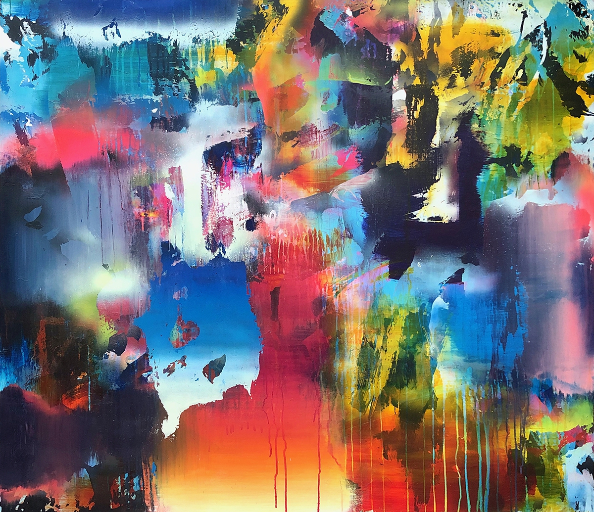 Chris Trueman: LAF, 2021, Acrylic and acrylic spray paint on yupo mounted to sintra, 59.75 x 53 inches