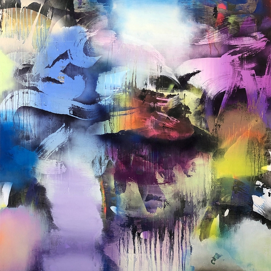 Chris Trueman: WVE, 2022, Acrylic and acrylic spray paint on yupo mounted to sintra, 60 x 49 inches (framed dimensions: 61.5 x 50.5 x 2 inches)