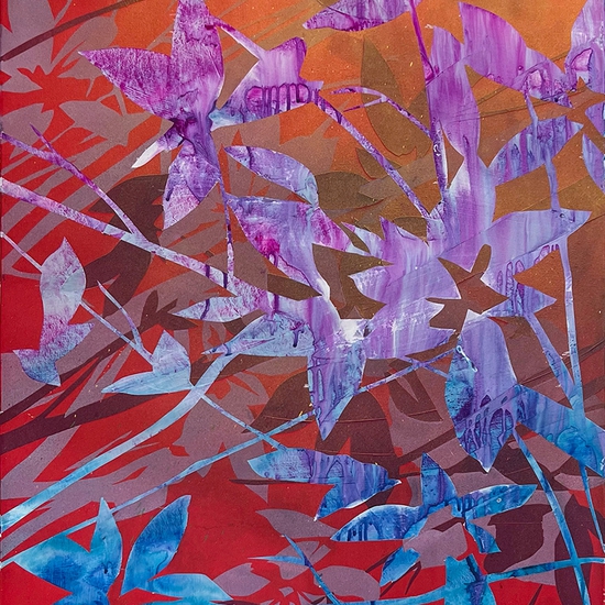 Devon Tsuno: sixteen cents each and a landscape of plunder #5, 2022, Spray paint and acrylic on canvas, 36 x 24 inches