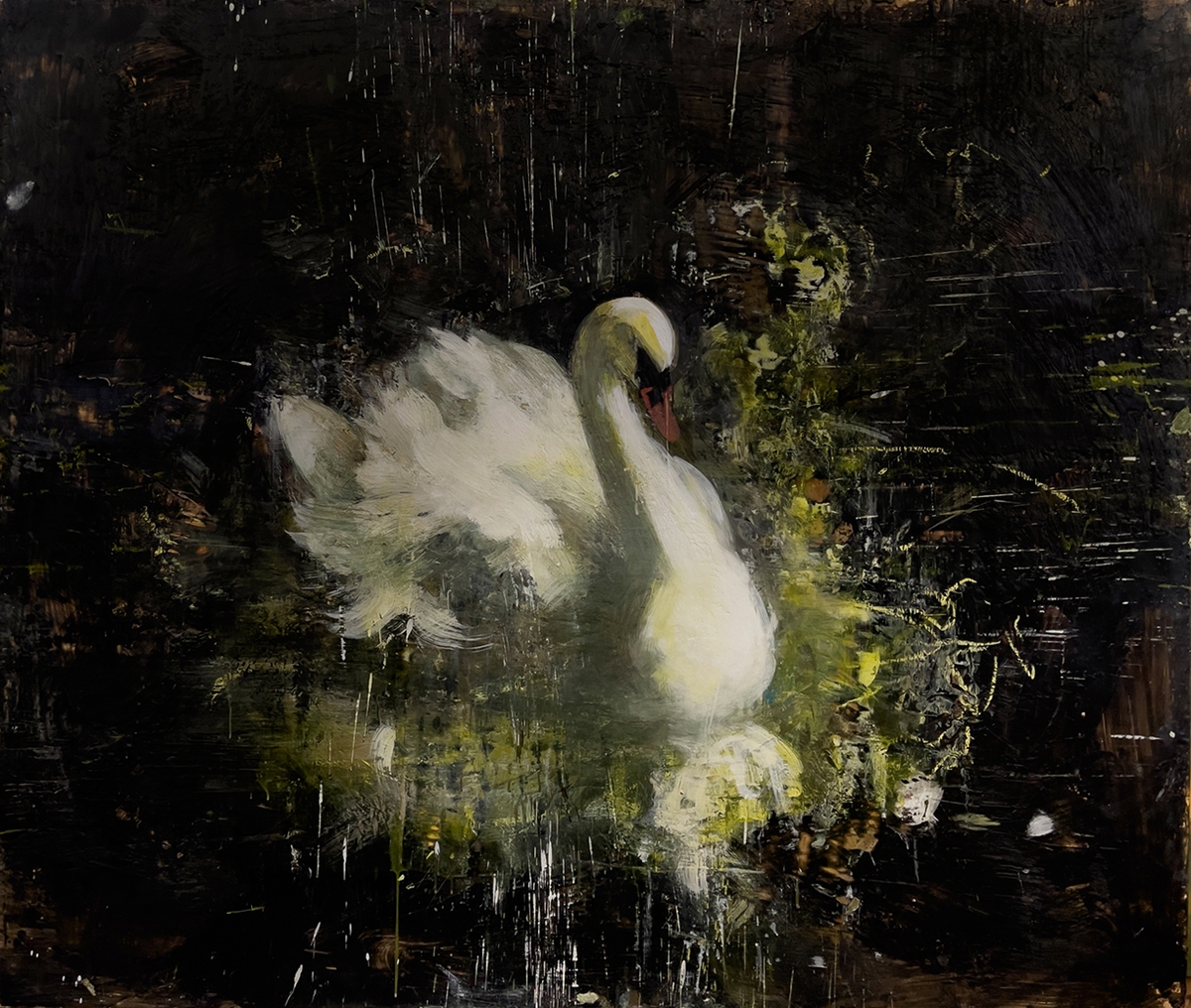 Tony Scherman: Rape of Leda - Jupiter, 2021, Encaustic on canvas, 60 x 70 inches