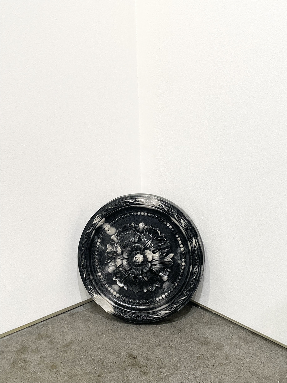 Derrick Velasquez, Fragment as Ruin (palmetto in black), 2025, San Joaquin River Delta Magnetite, Aquarium Sand, Colorado yule marble dust, 12 x 12 x 2 inches