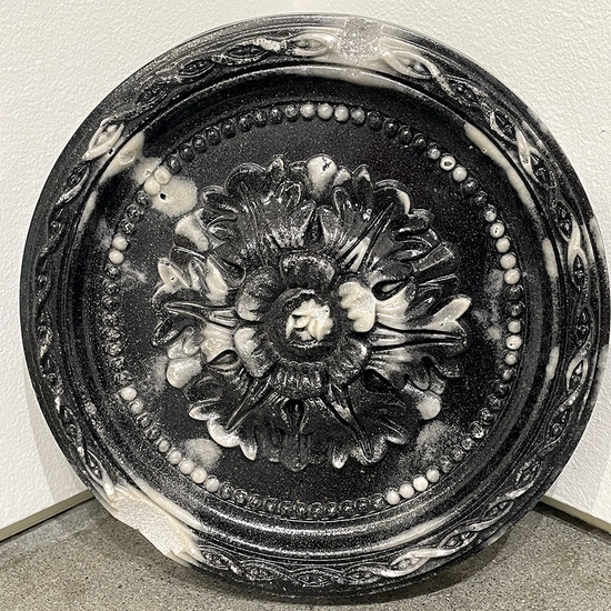 Derrick Velasquez, Fragment as Ruin (palmetto in black), 2025, San Joaquin River Delta Magnetite, Aquarium Sand, Colorado yule marble dust, 12 x 12 x 2 inches