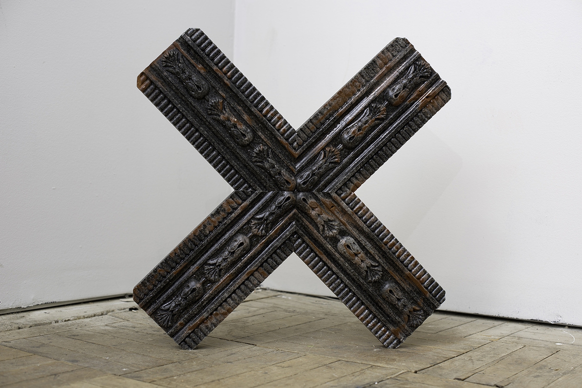 Derrick Velasquez, Fragment as Ruin (black X2), 2025, Resin bonded aggregate (San Joaquin River Delta Magnetite, Aquarium Sand, Colorado yule marble dust, Colorado sandstone), 19 x 19 x 2 inches