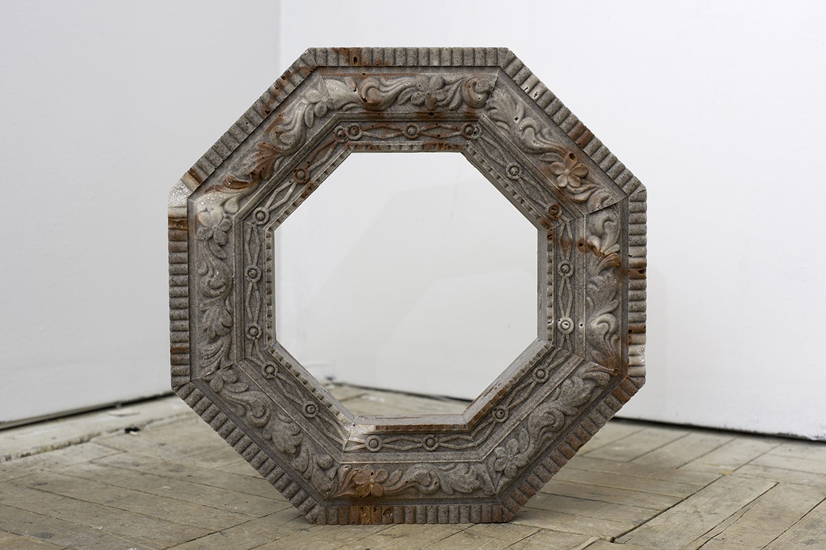 Derrick Velasquez, Fragment as Ruin (grey octagon), 2025, Resin bonded aggregate (San Joaquin River Delta Magnetite, Aquarium Sand, Colorado yule marble dust, Colorado sandstone), 17 x 17 x 2 inches