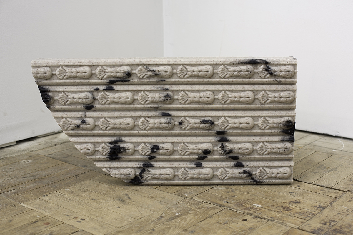 Derrick Velasquez, Fragment as Ruin (half arch), 2025, Resin bonded aggregate (San Joaquin River Delta Magnetite, Aquarium Sand, Colorado yule marble dust, Colorado sandstone), 27 x 13 x 3 inches