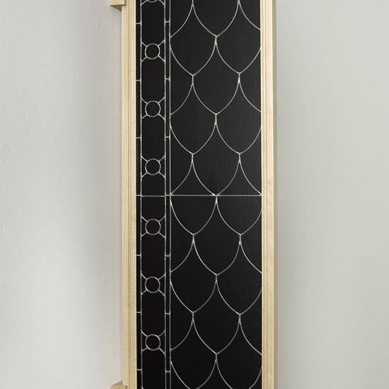 Derrick Velasquez, Scale and Rails, 2025, Glass, lead, and birch, 44 x 16 x 2 inches