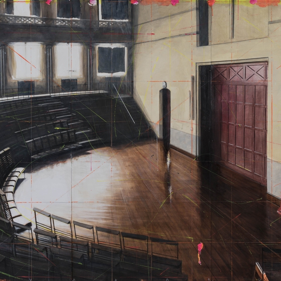 Peter Waite: Lecture Theater / Liverpool, 2015, Acrylic on panels, 48 x 72 inches
