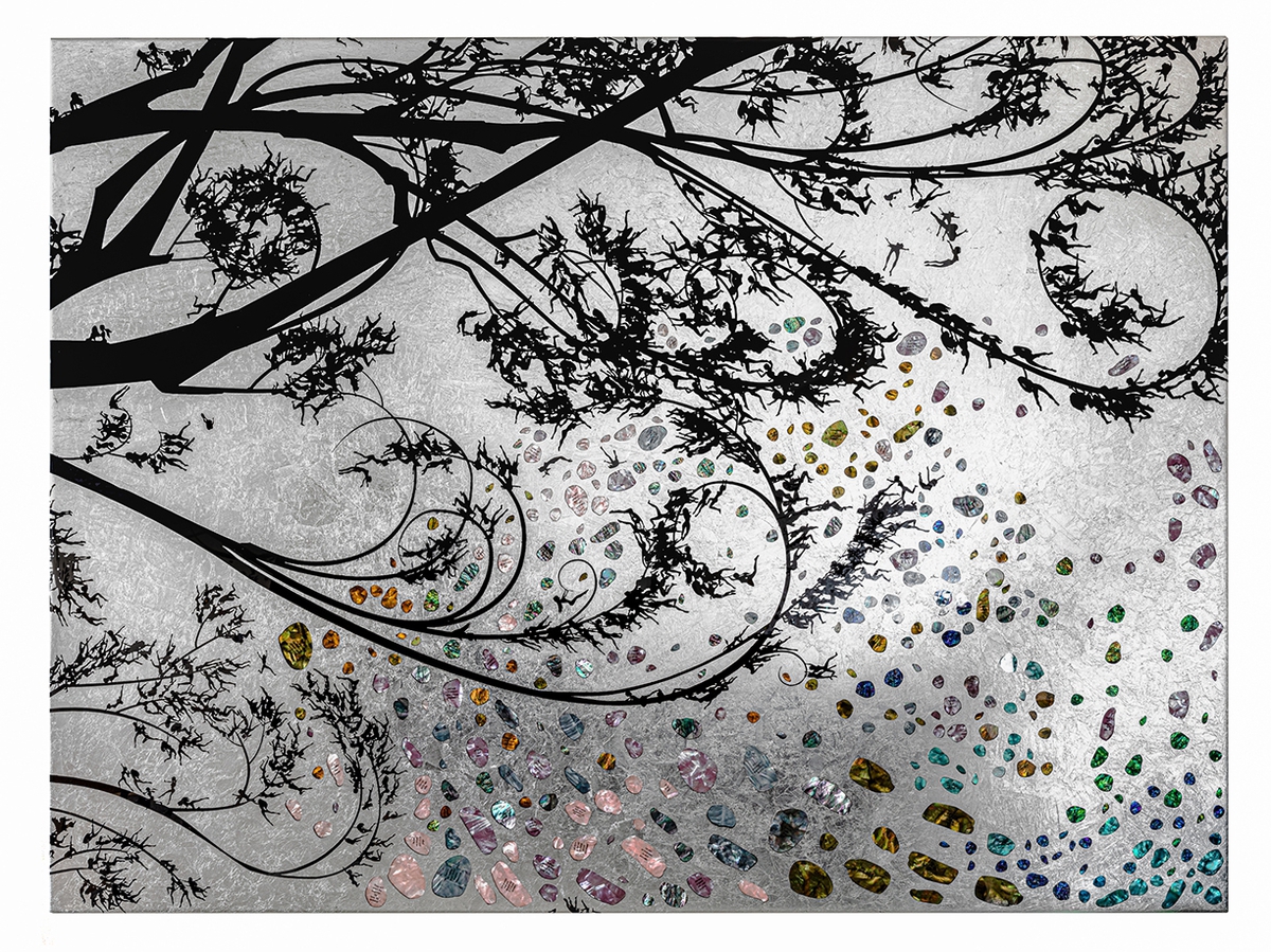 Jessica Lichtenstein: What Might Have Been, 2020, Wood, epoxy, aluminum leaf and mother of pearl, 60 x 80 x 3 inches