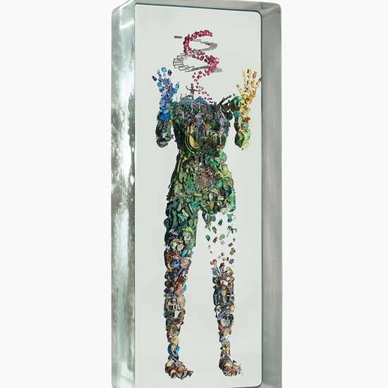 SOLD - Dustin Yellin: Pyschogeography Study 98, 2015, Glass, collage, acrylic, 37.75 x 13.75 x 7.75 inches