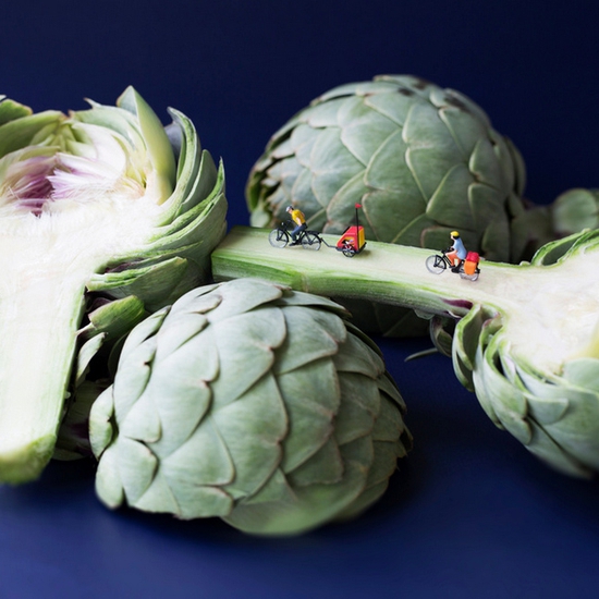 Christopher Boffoli: Artichoke Bicyclists, 2015, Archival pigment ink print on metallic paper