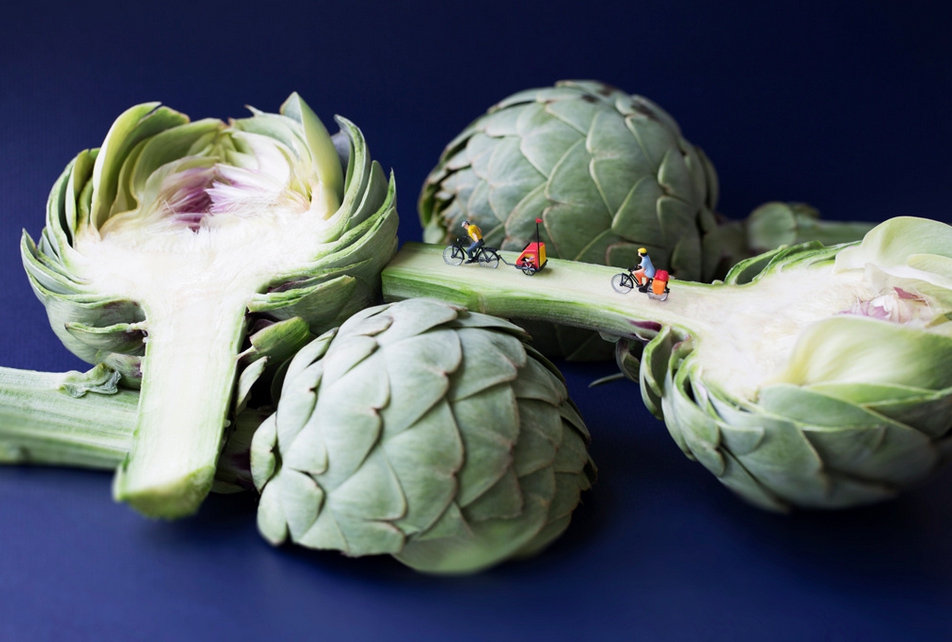 Christopher Boffoli: Artichoke Bicyclists, 2015, Archival pigment ink print on metallic paper