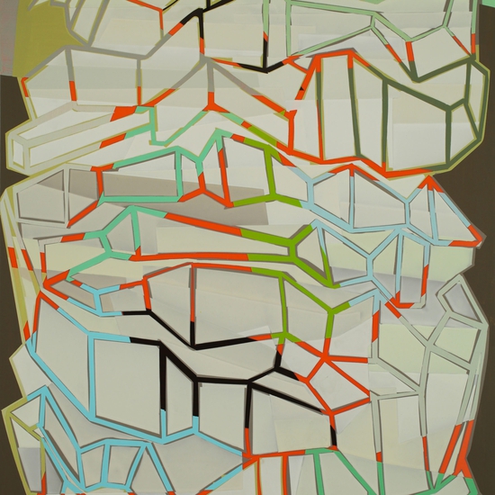 Susan Dory creates colorful, lively acrylic paintings on canvas, layered with deconstructed geometric forms